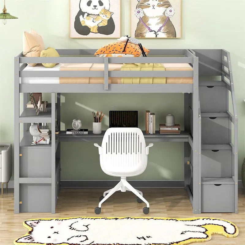 Merax Loft Bed with Integrated Desk and Storage Shelves 7