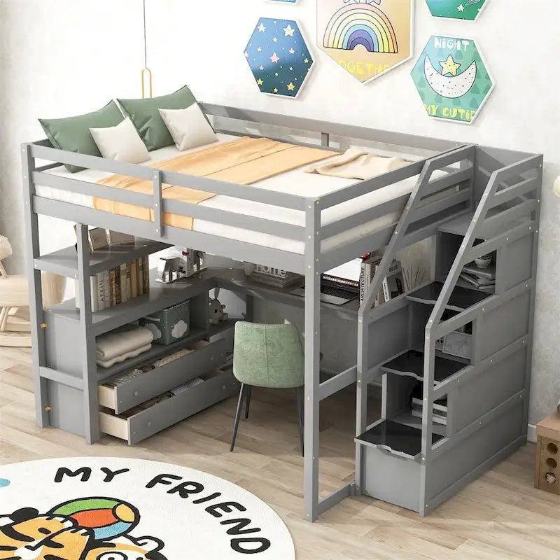 Merax Loft Bed with Integrated Desk and Storage Shelves 18