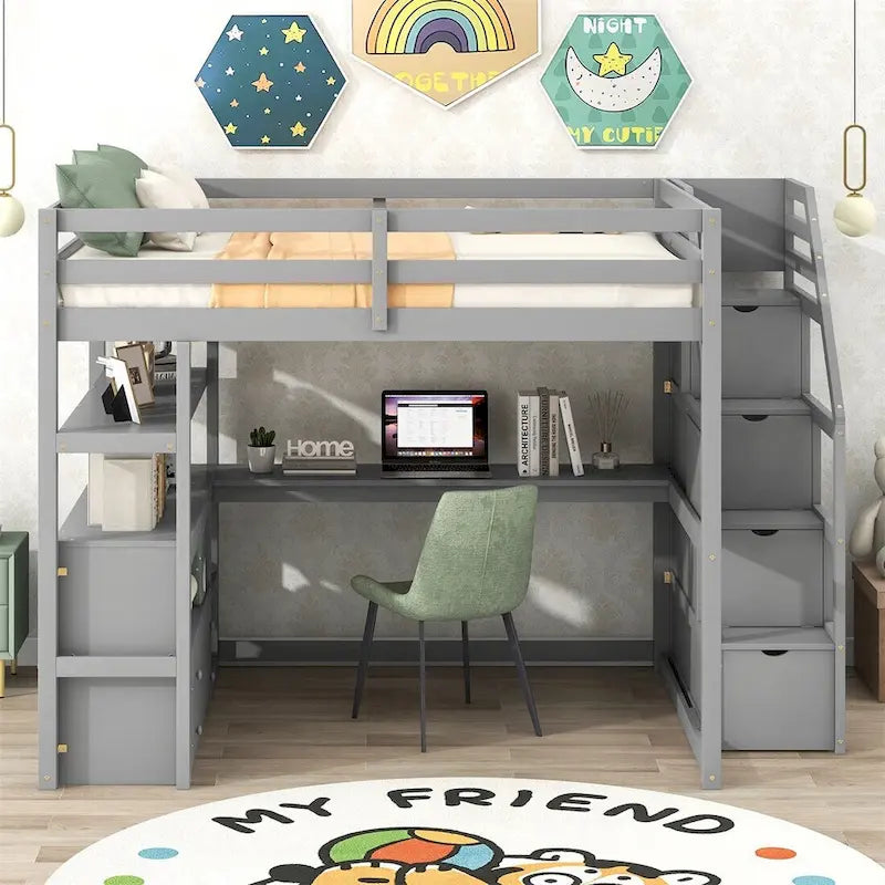 Merax Loft Bed with Integrated Desk and Storage Shelves 19