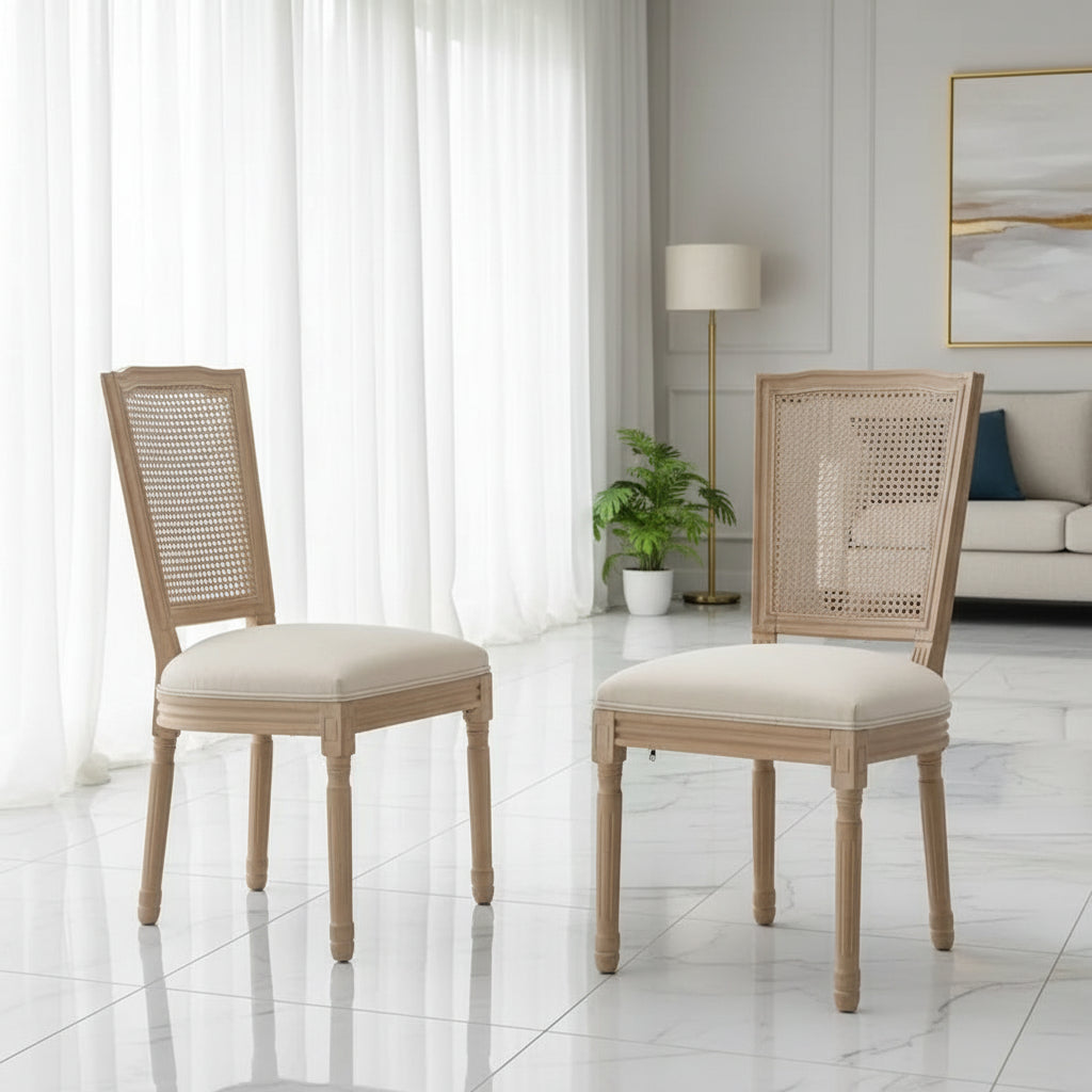 Set of 2 Antique Rattan-Back Dining Chairs with Solid Wood Frame 1