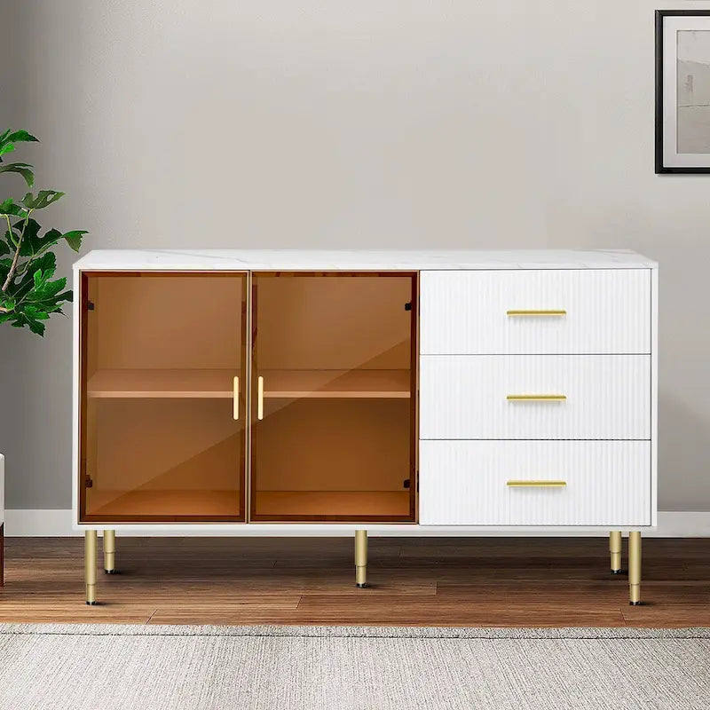 Contemporary Wooden Sideboard Featuring 2 Amber-Yellow Tempered Glass Doors 22