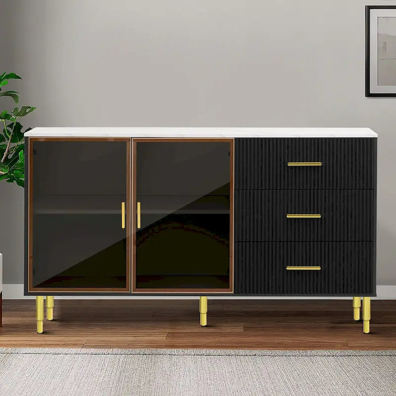 Contemporary Wooden Sideboard Featuring 2 Amber-Yellow Tempered Glass Doors 1