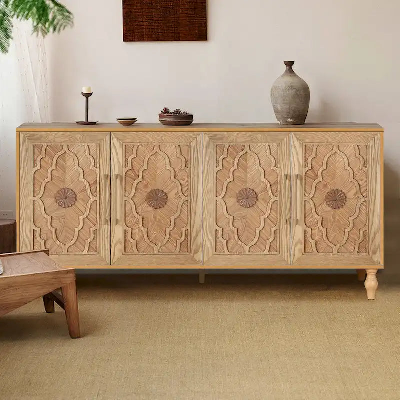 Carved Sideboard Cabinet with Storage Doors and Wooden Frame