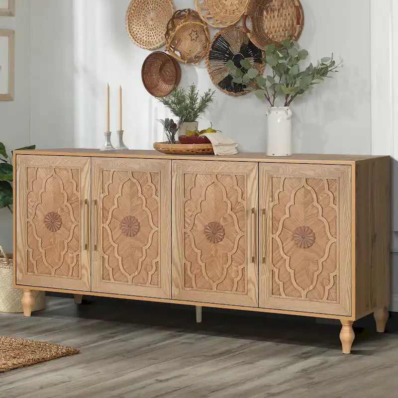 Carved Sideboard Cabinet with Storage Doors and Wooden Frame
