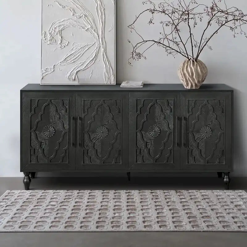 Carved Sideboard Cabinet with Storage Doors and Wooden Frame 25