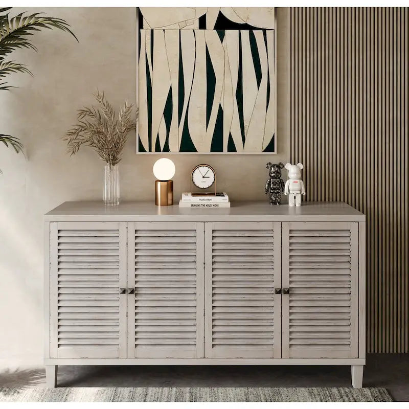 60-Inch Farmhouse Natural Wood Wash Wooden Sideboard Buffet Server with 4 Shutter Doors - Accent Storage Cabinet 1