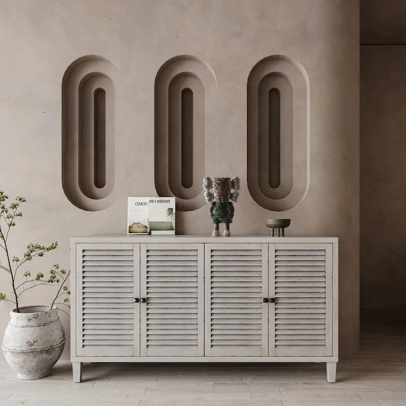 60-Inch Farmhouse Natural Wood Wash Wooden Sideboard Buffet Server with 4 Shutter Doors - Accent Storage Cabinet 2