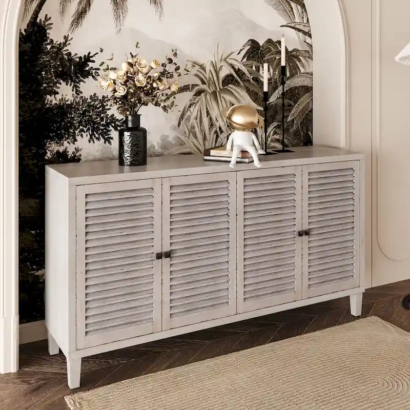 60-Inch Farmhouse Natural Wood Wash Wooden Sideboard Buffet Server with 4 Shutter Doors - Accent Storage Cabinet 3
