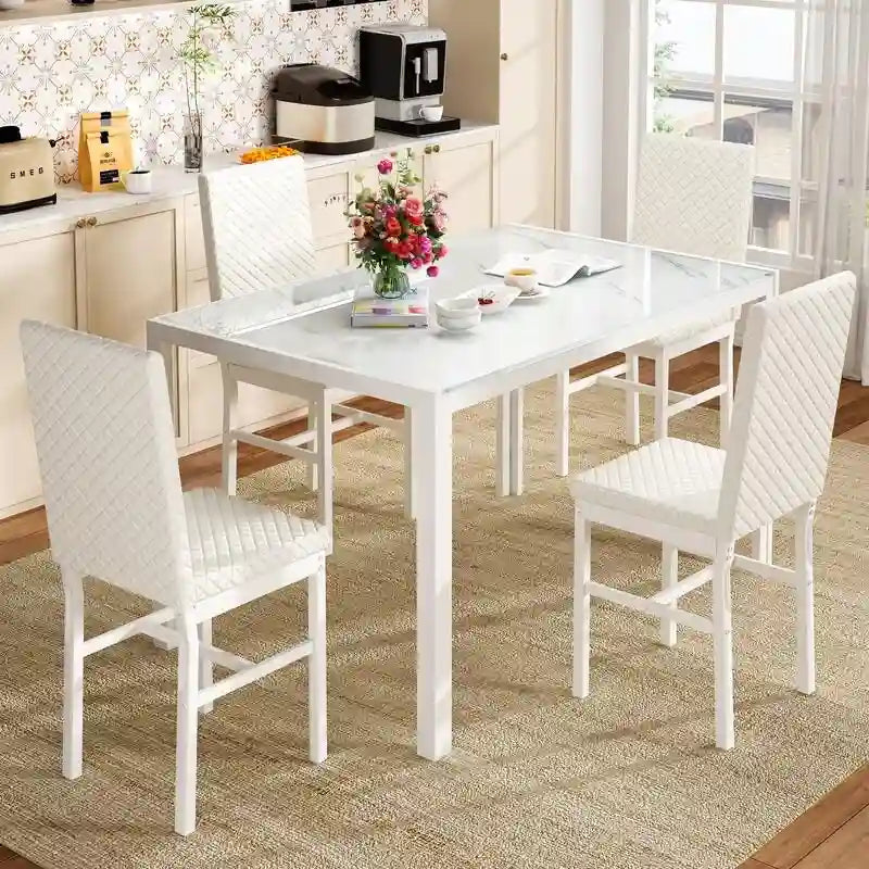 Grondin Contemporary 5-Piece Dining Set with Tempered Glass Table and 4 Diamond-Stitched PU Leather Chairs 30