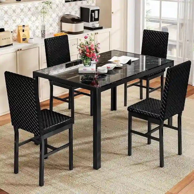 Grondin Contemporary 5-Piece Dining Set with Tempered Glass Table and 4 Diamond-Stitched PU Leather Chairs 2