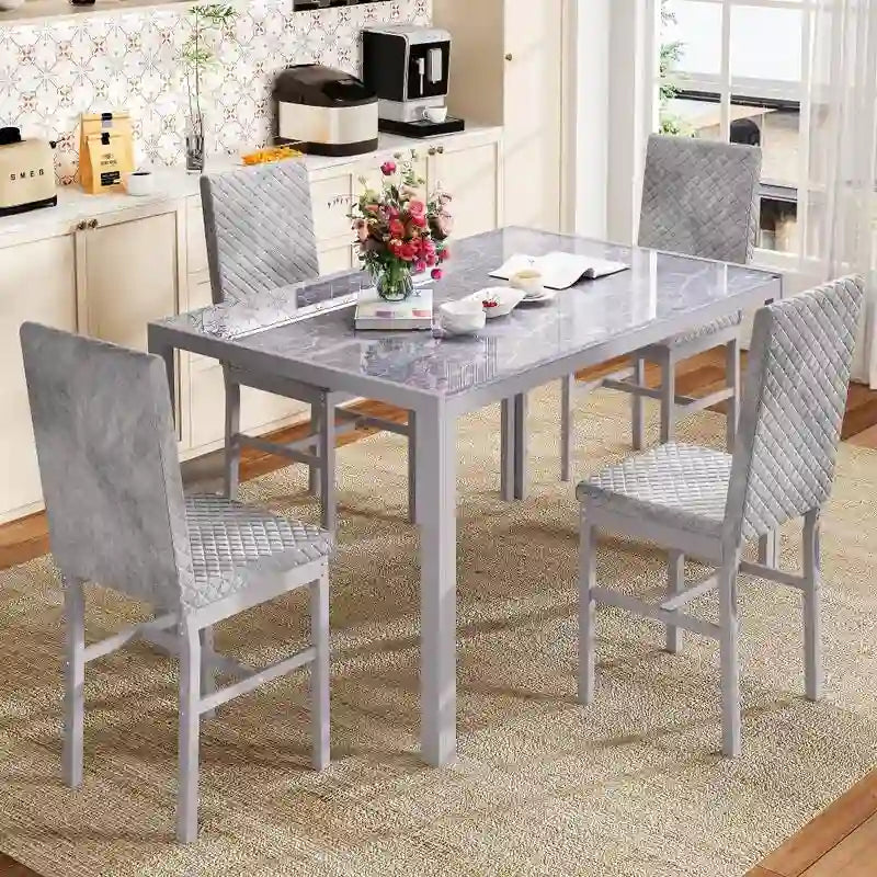 Grondin Contemporary 5-Piece Dining Set with Tempered Glass Table and 4 Diamond-Stitched PU Leather Chairs 3