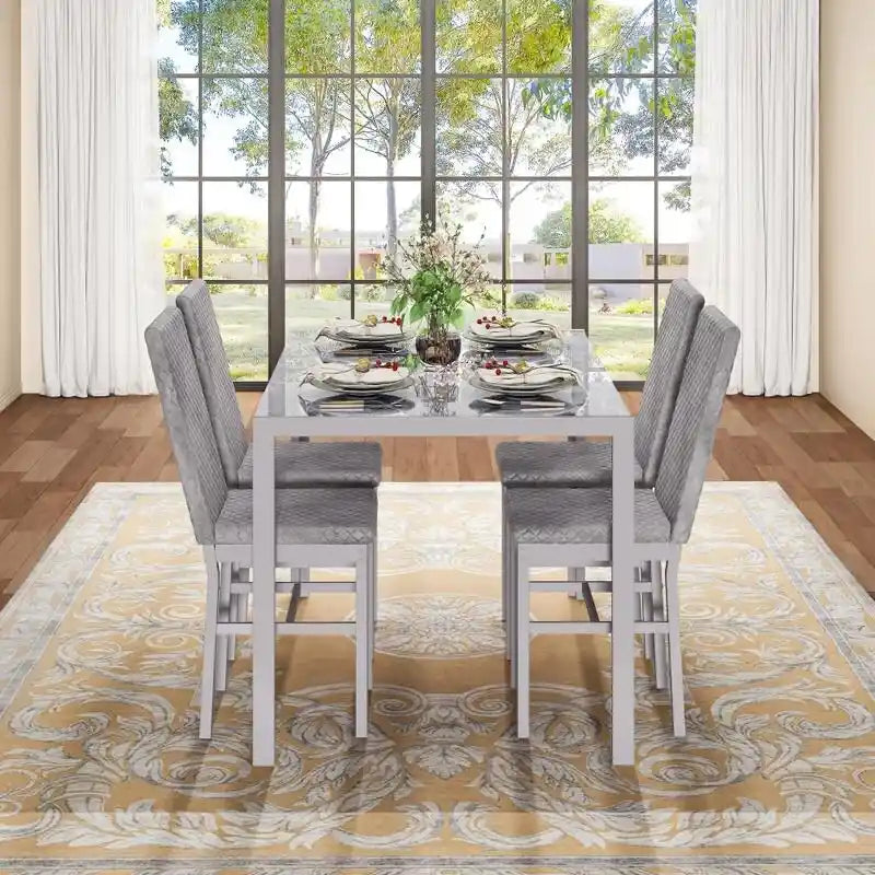 Grondin Contemporary 5-Piece Dining Set with Tempered Glass Table and 4 Diamond-Stitched PU Leather Chairs 5