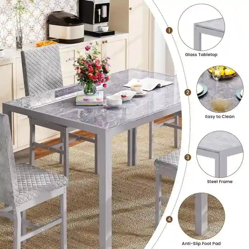 Grondin Contemporary 5-Piece Dining Set with Tempered Glass Table and 4 Diamond-Stitched PU Leather Chairs 6