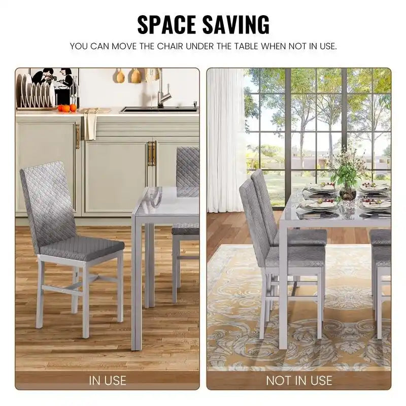 Grondin Contemporary 5-Piece Dining Set with Tempered Glass Table and 4 Diamond-Stitched PU Leather Chairs 8