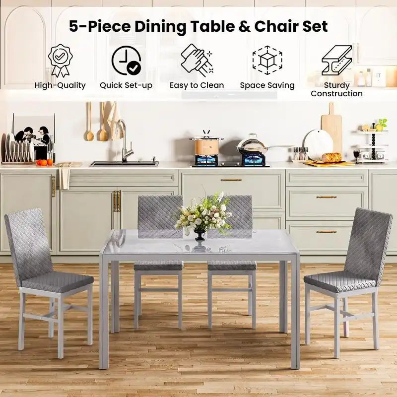 Grondin Contemporary 5-Piece Dining Set with Tempered Glass Table and 4 Diamond-Stitched PU Leather Chairs 9