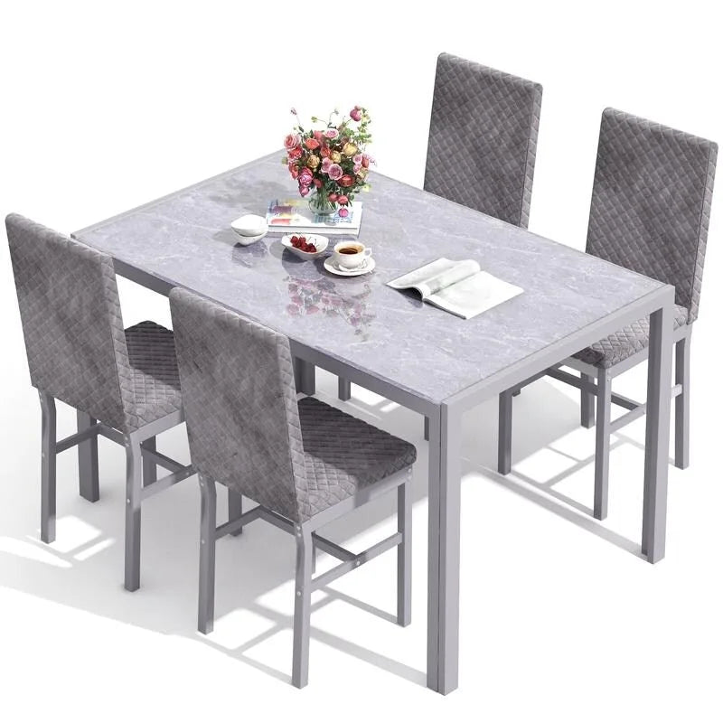 Grondin Contemporary 5-Piece Dining Set with Tempered Glass Table and 4 Diamond-Stitched PU Leather Chairs 10