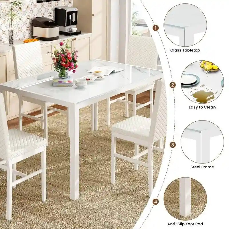 Grondin Contemporary 5-Piece Dining Set with Tempered Glass Table and 4 Diamond-Stitched PU Leather Chairs 16