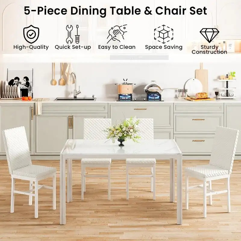 Grondin Contemporary 5-Piece Dining Set with Tempered Glass Table and 4 Diamond-Stitched PU Leather Chairs 18