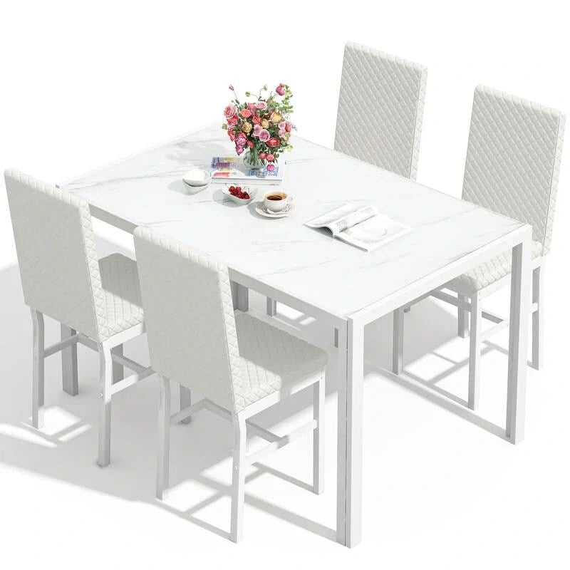 Grondin Contemporary 5-Piece Dining Set with Tempered Glass Table and 4 Diamond-Stitched PU Leather Chairs 20
