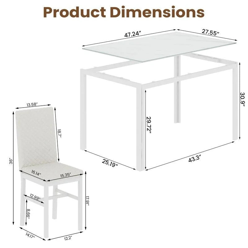 Grondin Contemporary 5-Piece Dining Set with Tempered Glass Table and 4 Diamond-Stitched PU Leather Chairs 21