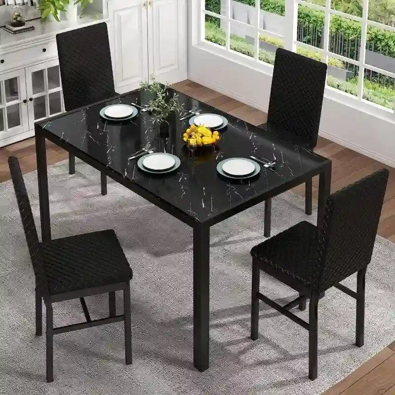 Grondin Contemporary 5-Piece Dining Set with Tempered Glass Table and 4 Diamond-Stitched PU Leather Chairs 22
