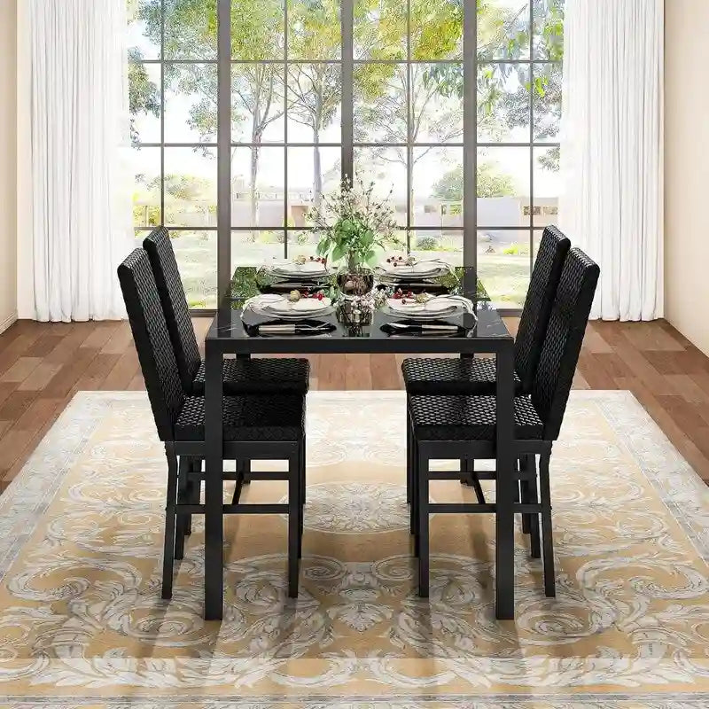 Grondin Contemporary 5-Piece Dining Set with Tempered Glass Table and 4 Diamond-Stitched PU Leather Chairs 23
