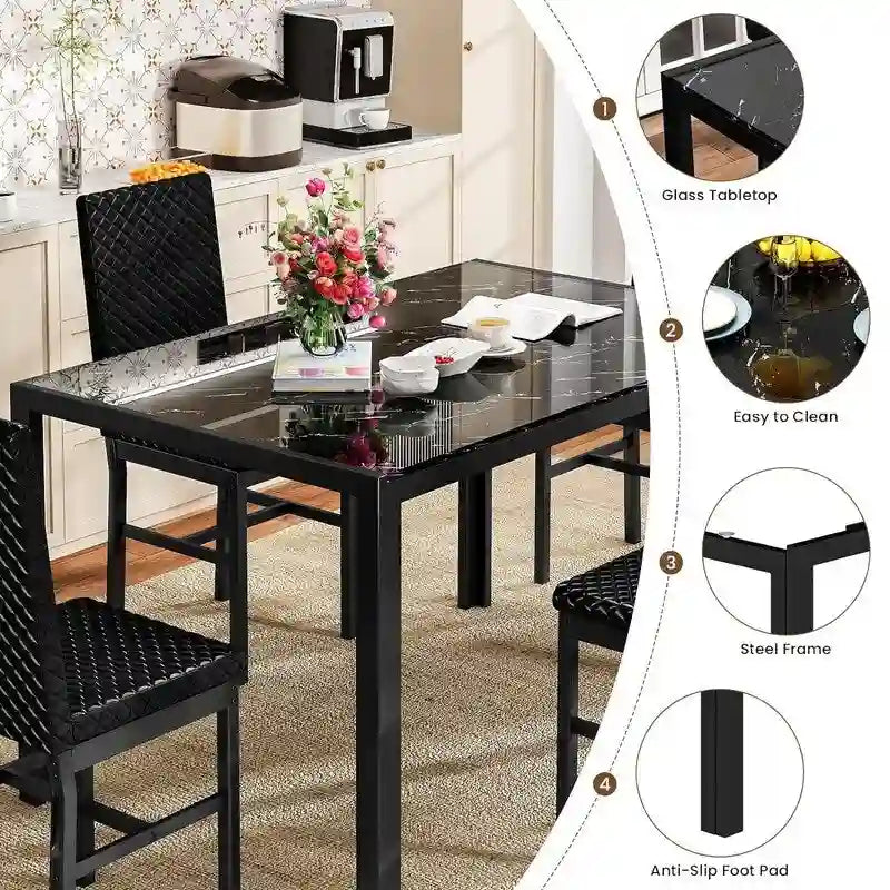 Grondin Contemporary 5-Piece Dining Set with Tempered Glass Table and 4 Diamond-Stitched PU Leather Chairs 24