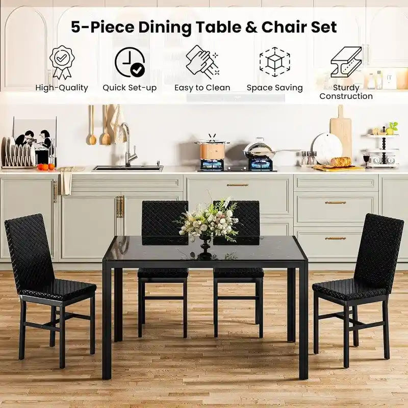 Grondin Contemporary 5-Piece Dining Set with Tempered Glass Table and 4 Diamond-Stitched PU Leather Chairs 27