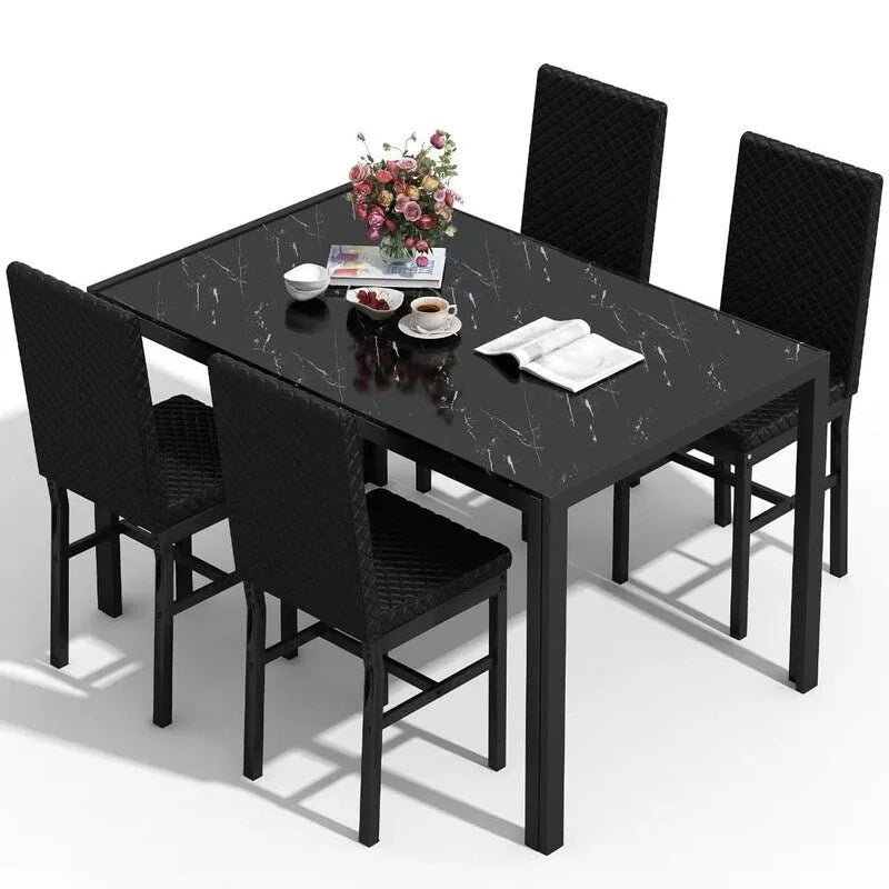 Grondin Contemporary 5-Piece Dining Set with Tempered Glass Table and 4 Diamond-Stitched PU Leather Chairs 28
