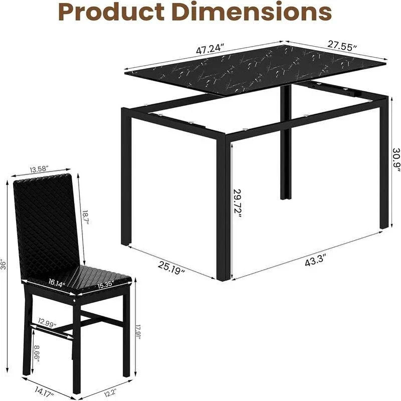 Grondin Contemporary 5-Piece Dining Set with Tempered Glass Table and 4 Diamond-Stitched PU Leather Chairs 29