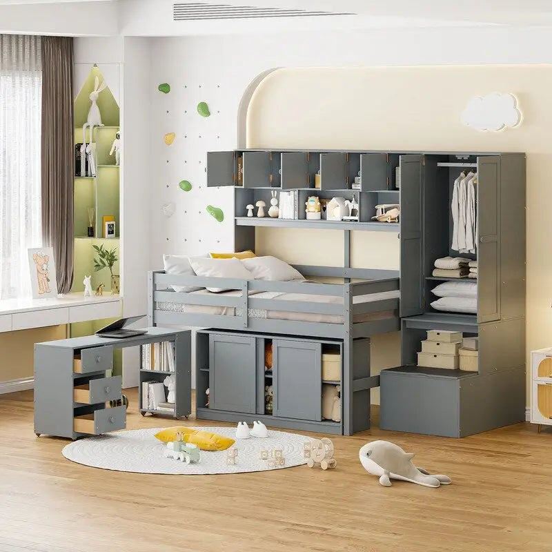 Spacious Wooden Loft Bed with Ample Storage, Under-Bed Desk, Drawers, and Shelves 1