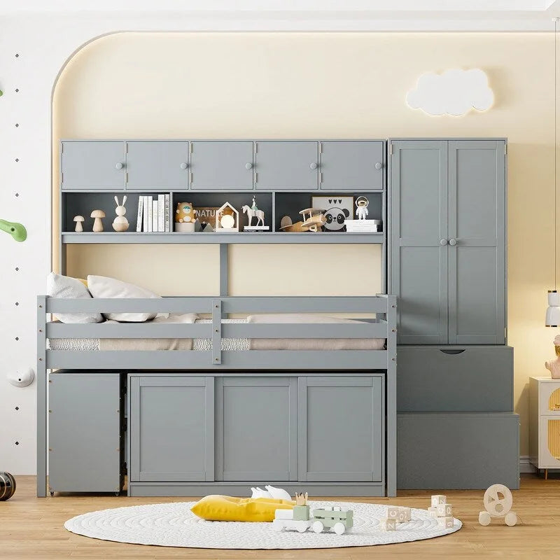 Spacious Wooden Loft Bed with Ample Storage, Under-Bed Desk, Drawers, and Shelves 2