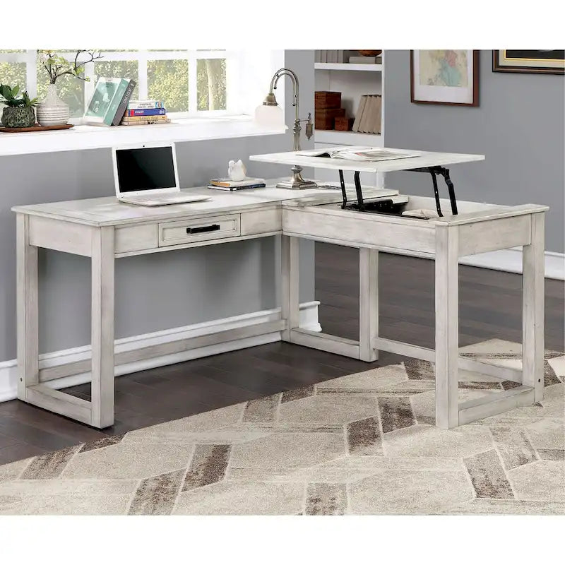 Lemper Antique White Wood Lift-Top Corner Desk with USB Port - Farmhouse Style by Furniture of America 1