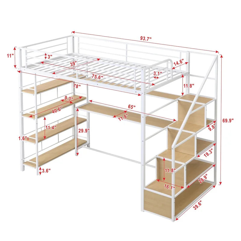 MERAX Twin Metal Loft Bed with Staircase, Desk, and Shelving 2