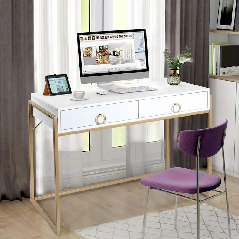 Anmytek Contemporary White and Gold Computer Desk - Stylish Vanity Writing Table with 2 Drawers for Home Office 1