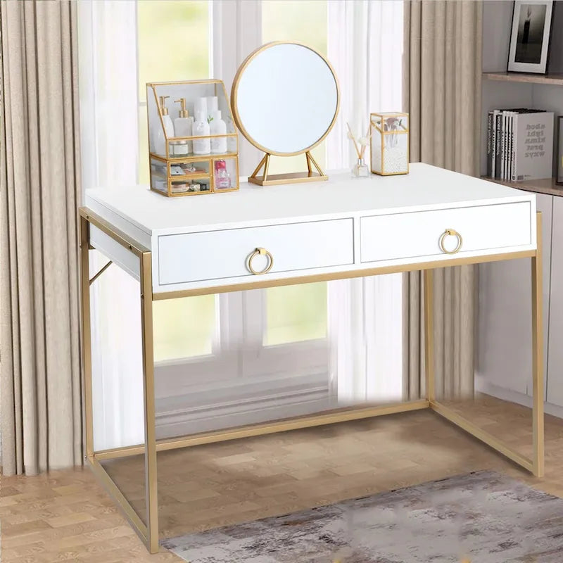 Anmytek Contemporary White and Gold Computer Desk - Stylish Vanity Writing Table with 2 Drawers for Home Office 2