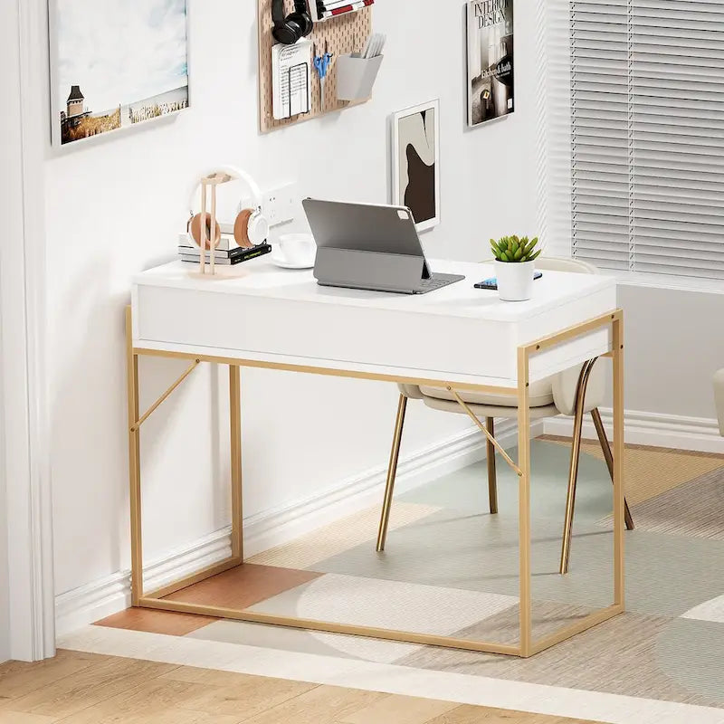 Anmytek Contemporary White and Gold Computer Desk - Stylish Vanity Writing Table with 2 Drawers for Home Office 3