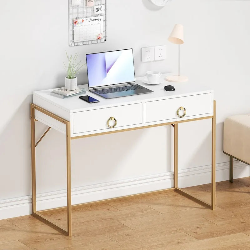 Anmytek Contemporary White and Gold Computer Desk - Stylish Vanity Writing Table with 2 Drawers for Home Office 4