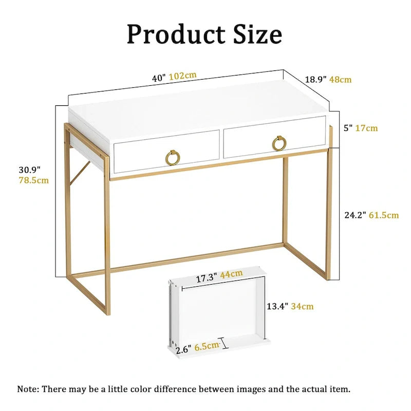 Anmytek Contemporary White and Gold Computer Desk - Stylish Vanity Writing Table with 2 Drawers for Home Office 6