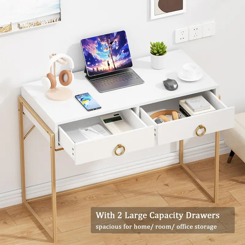 Anmytek Contemporary White and Gold Computer Desk - Stylish Vanity Writing Table with 2 Drawers for Home Office 7