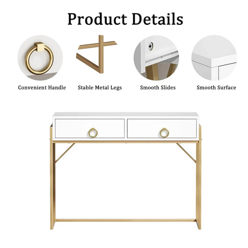 Anmytek Contemporary White and Gold Computer Desk - Stylish Vanity Writing Table with 2 Drawers for Home Office 8