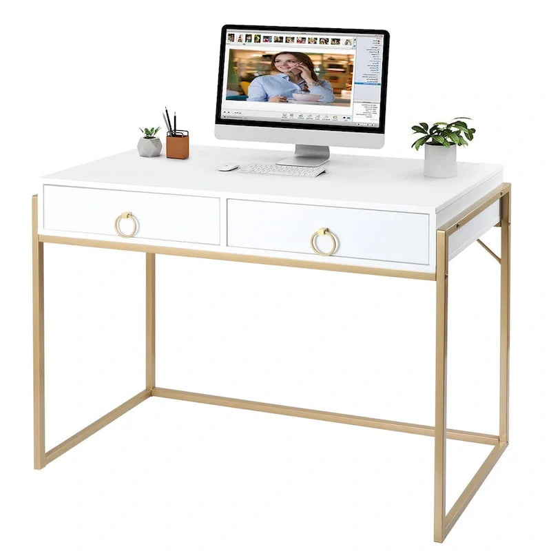 Anmytek Contemporary White and Gold Computer Desk - Stylish Vanity Writing Table with 2 Drawers for Home Office 9