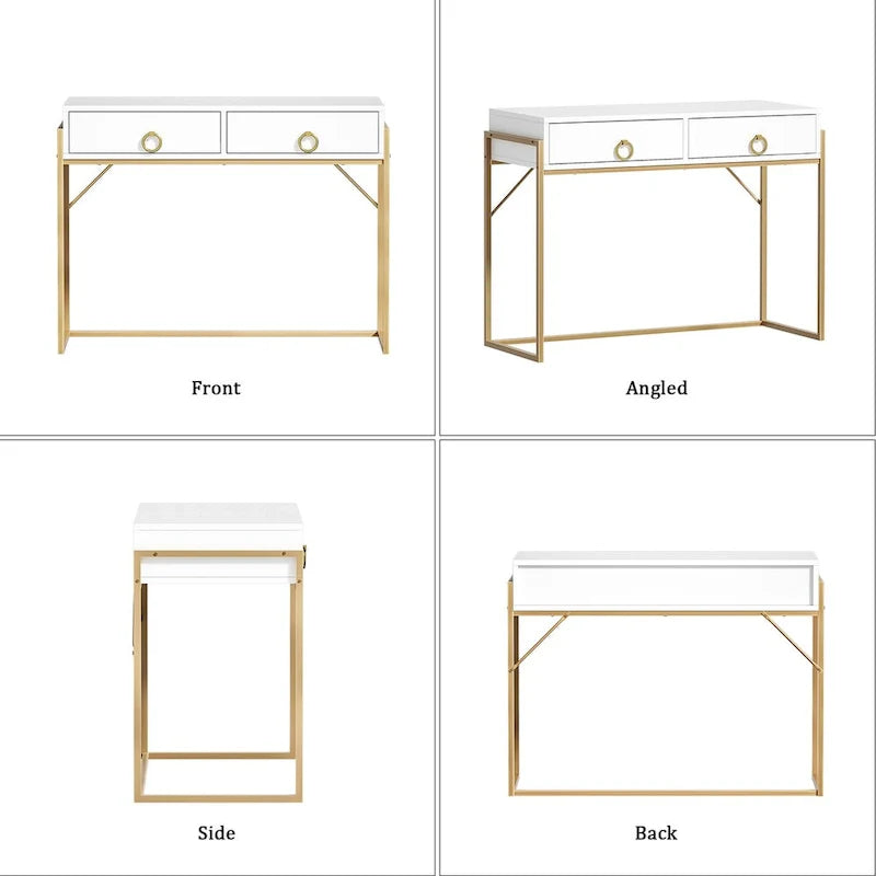 Anmytek Contemporary White and Gold Computer Desk - Stylish Vanity Writing Table with 2 Drawers for Home Office 10