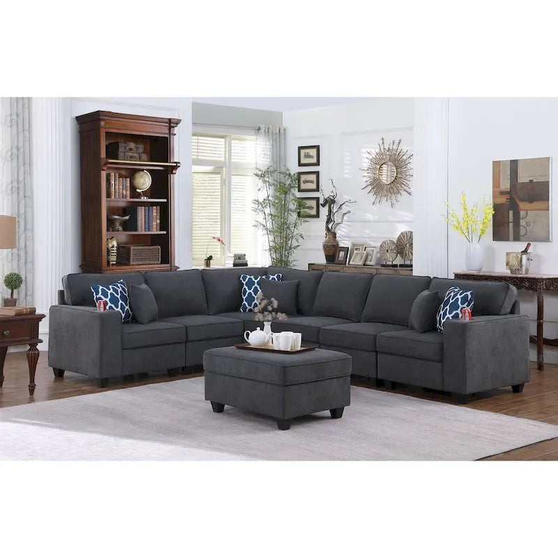 Modular Sectional Sofa with Ottoman Cupholders and Throw Pillows 6
