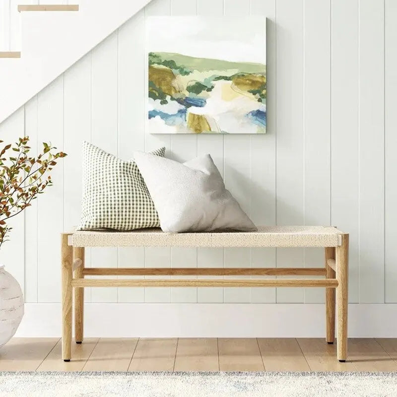 Mieres Boho-Inspired Solid Wood Bench with Woven Rope Seat - Mid-Century Modern Indoor Ottoman with Rubber Wood Legs for Home Office 11