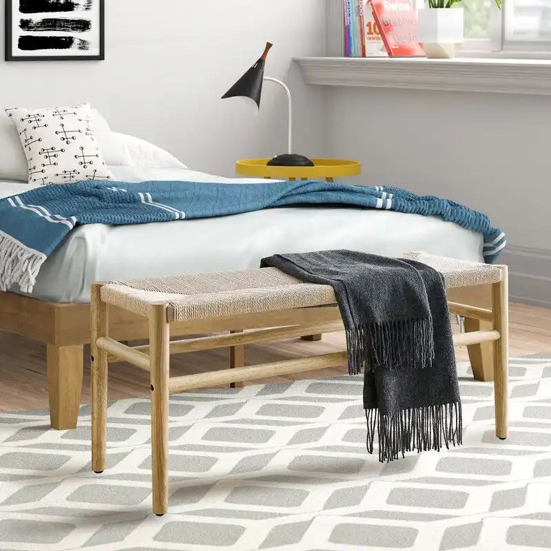 Mieres Boho-Inspired Solid Wood Bench with Woven Rope Seat - Mid-Century Modern Indoor Ottoman with Rubber Wood Legs for Home Office 1