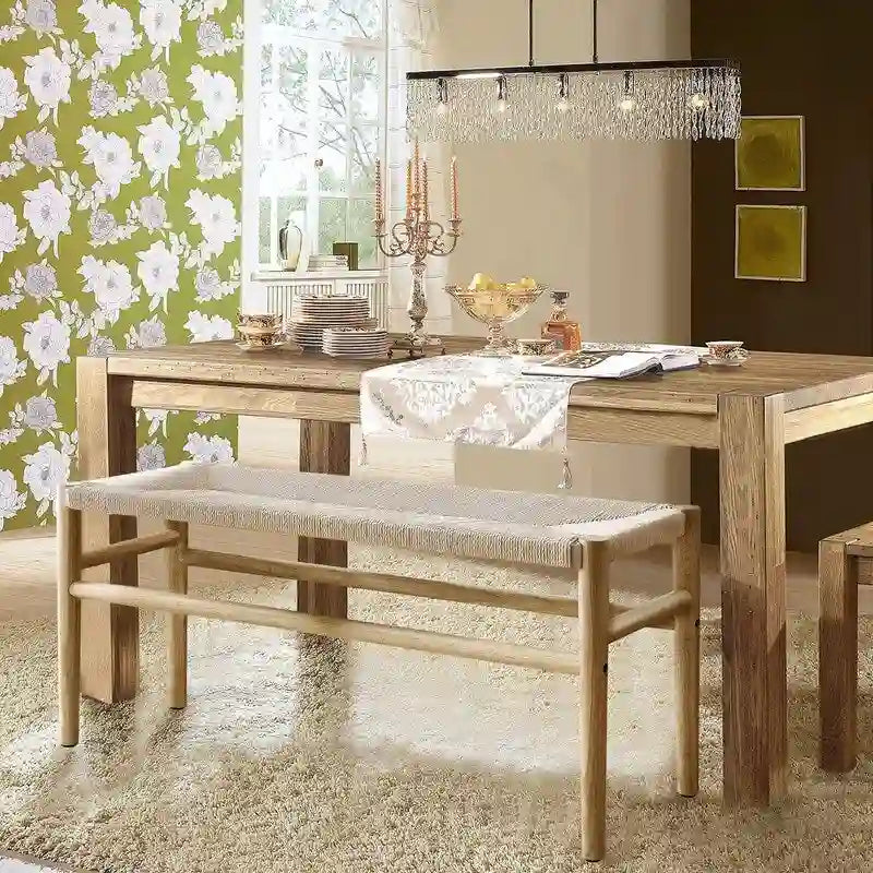 Mieres Boho-Inspired Solid Wood Bench with Woven Rope Seat - Mid-Century Modern Indoor Ottoman with Rubber Wood Legs for Home Office 3