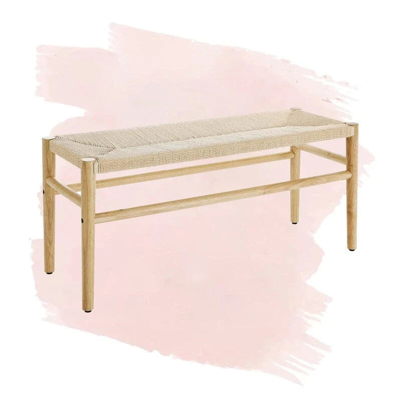 Mieres Boho-Inspired Solid Wood Bench with Woven Rope Seat - Mid-Century Modern Indoor Ottoman with Rubber Wood Legs for Home Office 4