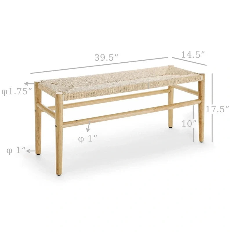 Mieres Boho-Inspired Solid Wood Bench with Woven Rope Seat - Mid-Century Modern Indoor Ottoman with Rubber Wood Legs for Home Office 5