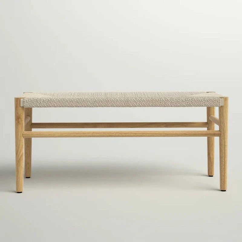 Mieres Boho-Inspired Solid Wood Bench with Woven Rope Seat - Mid-Century Modern Indoor Ottoman with Rubber Wood Legs for Home Office 7